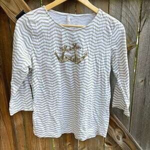Lulu B Striped Anchor Design Top Small Gold White
